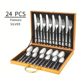 Elegant 24pcs Stainless Steel Cutlery Set with Wooden Gift Box – Polished, Dishwasher Safe, Knives, Forks & Spoons for 6 People – Weddings, Parties, Hotels